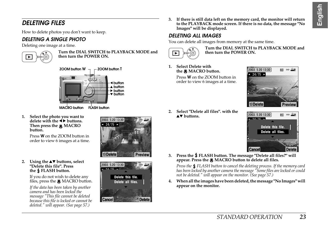 Deleting files, Deleting a single photo deleting all images, 23 english deleting files | Standard operation | Epson PhotoPC L-400 User Manual | Page 23 / 65