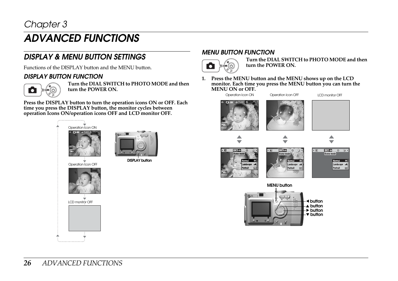 Advanced functions, Chapter 3, Display & menu button settings | Display button function menu button function | Epson PhotoPC L-400 User Manual | Page 26 / 65