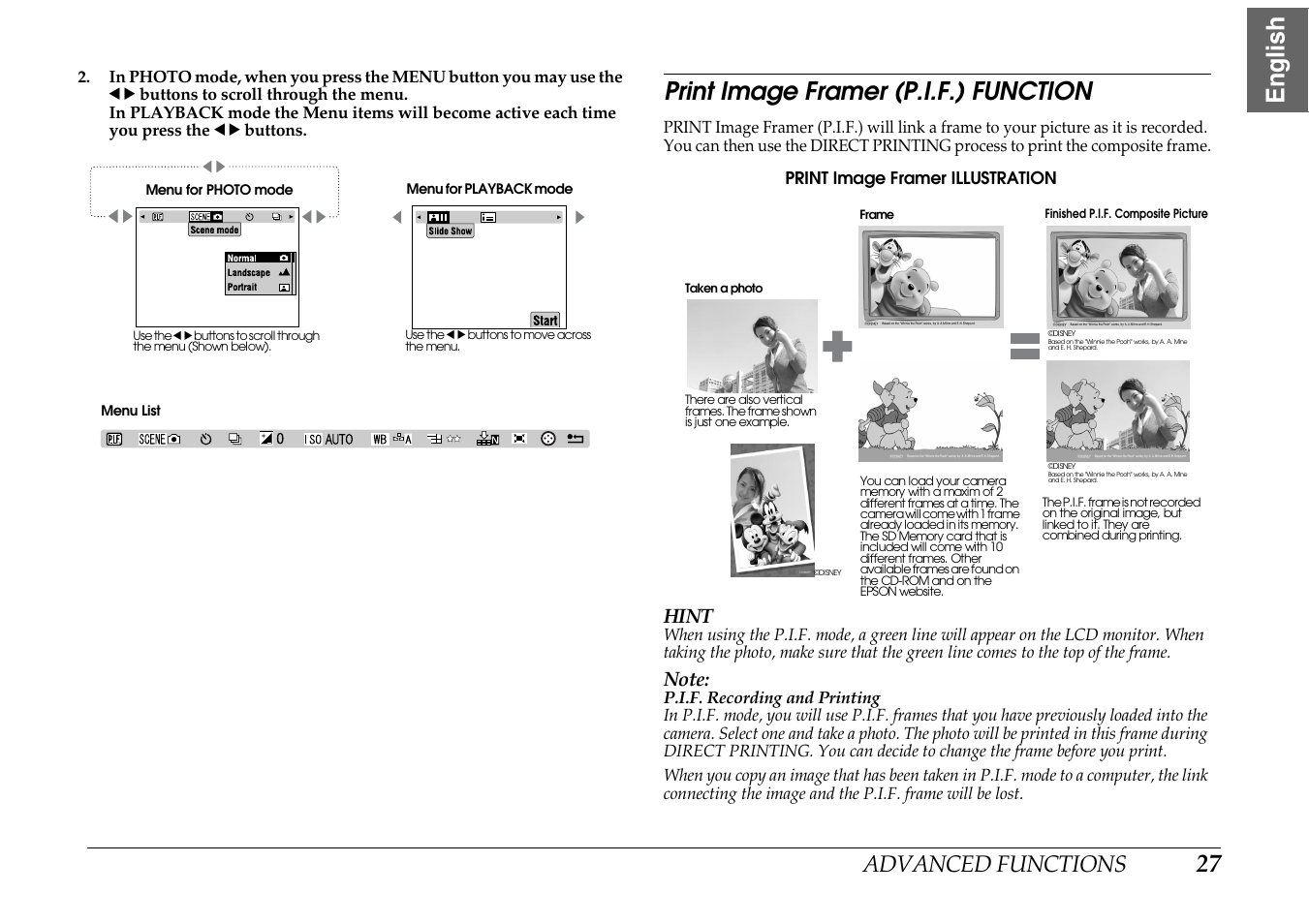 Print image framer (p.i.f.) function, 27 english, Advanced functions | Hint | Epson PhotoPC L-400 User Manual | Page 27 / 65