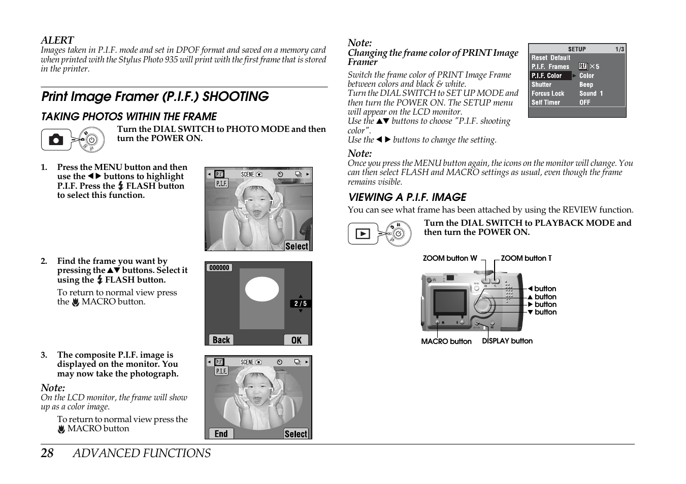 Print image framer (p.i.f.) shooting, Advanced functions | Epson PhotoPC L-400 User Manual | Page 28 / 65