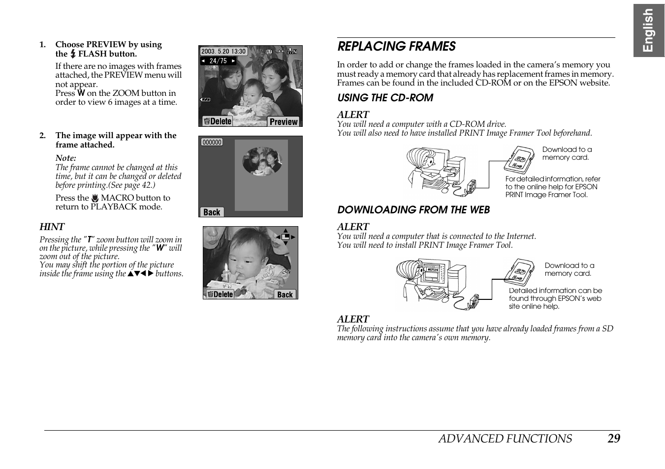 Replacing frames, Using the cd-rom downloading from the web, 29 english replacing frames | Epson PhotoPC L-400 User Manual | Page 29 / 65