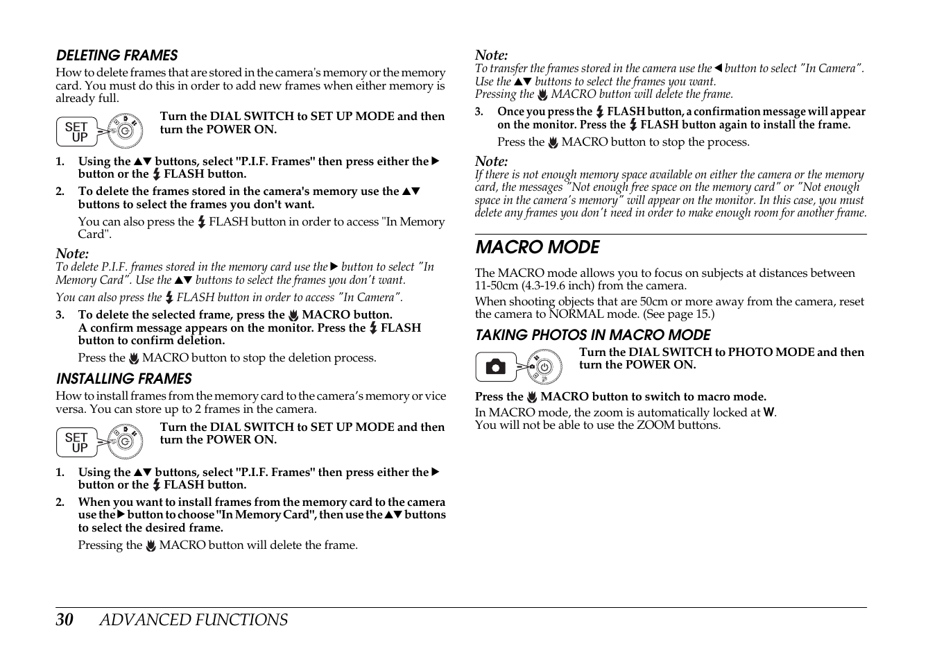 Deleting frames installing frames, Macro mode, Taking photos in macro mode | Advanced functions | Epson PhotoPC L-400 User Manual | Page 30 / 65