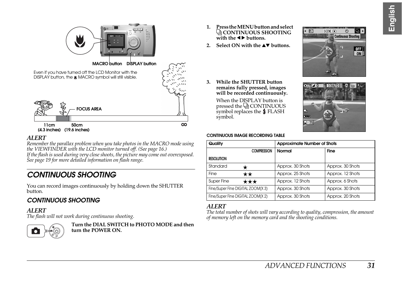 Continuous shooting, 31 english, Advanced functions | Epson PhotoPC L-400 User Manual | Page 31 / 65