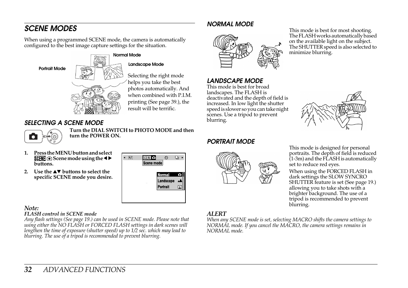 Scene modes | Epson PhotoPC L-400 User Manual | Page 32 / 65
