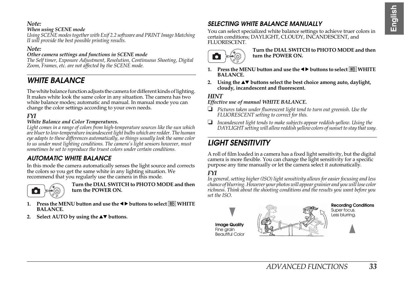 White balance, Light sensitivity, 33 english | Epson PhotoPC L-400 User Manual | Page 33 / 65