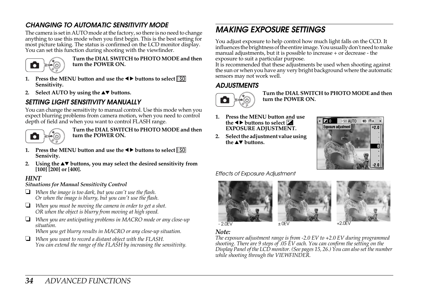 Making exposure settings, Adjustments | Epson PhotoPC L-400 User Manual | Page 34 / 65
