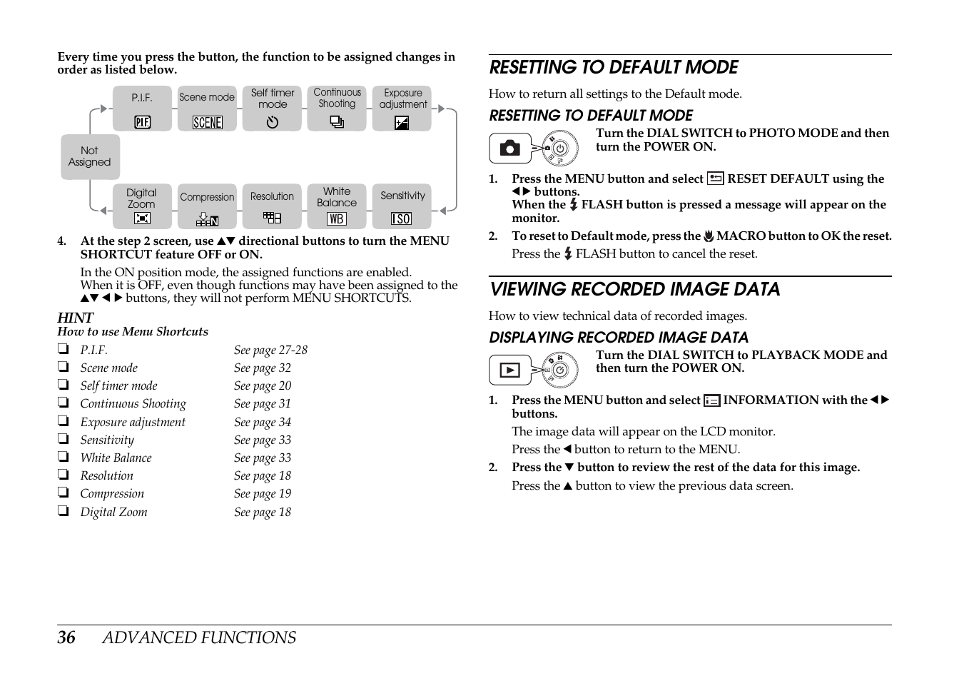 Resetting to default mode, Viewing recorded image data, Displaying recorded image data | Advanced functions | Epson PhotoPC L-400 User Manual | Page 36 / 65