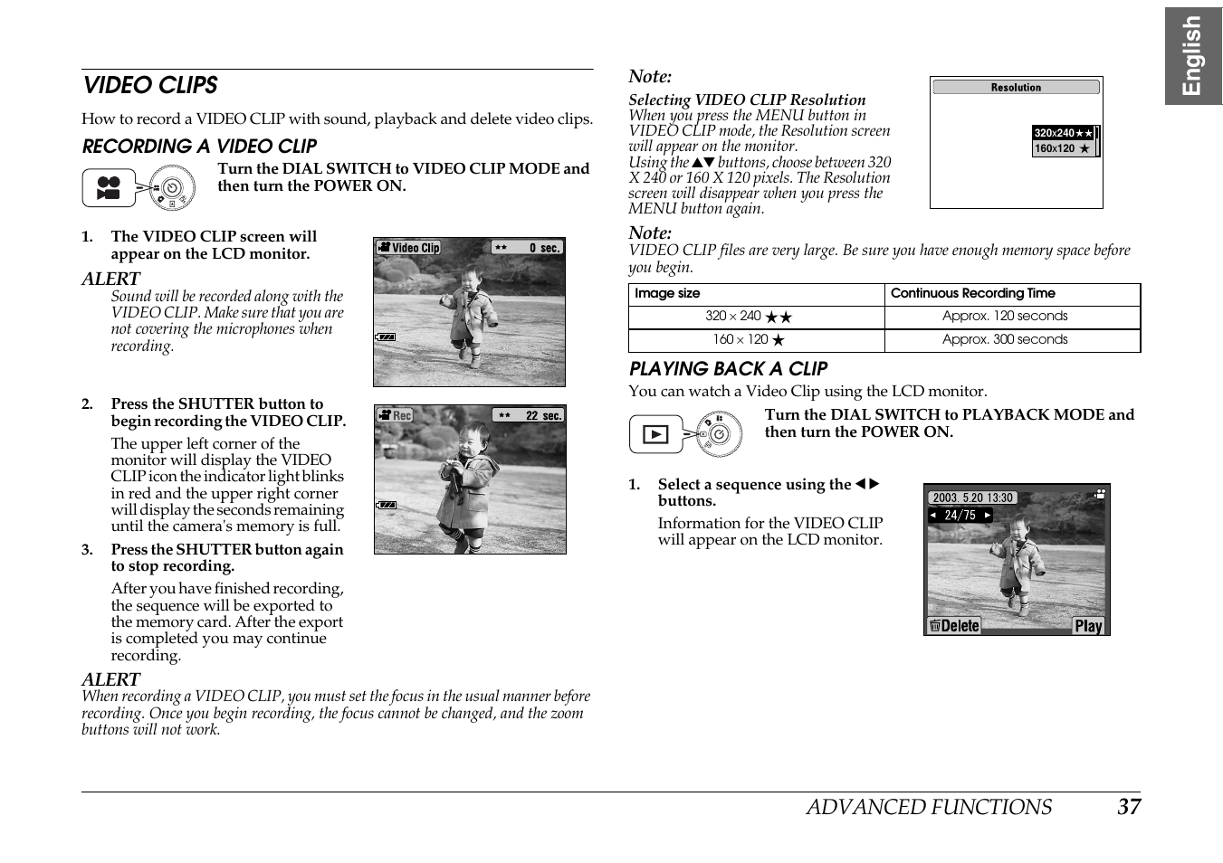 Video clips, Recording a video clip playing back a clip, 37 english video clips | Advanced functions | Epson PhotoPC L-400 User Manual | Page 37 / 65