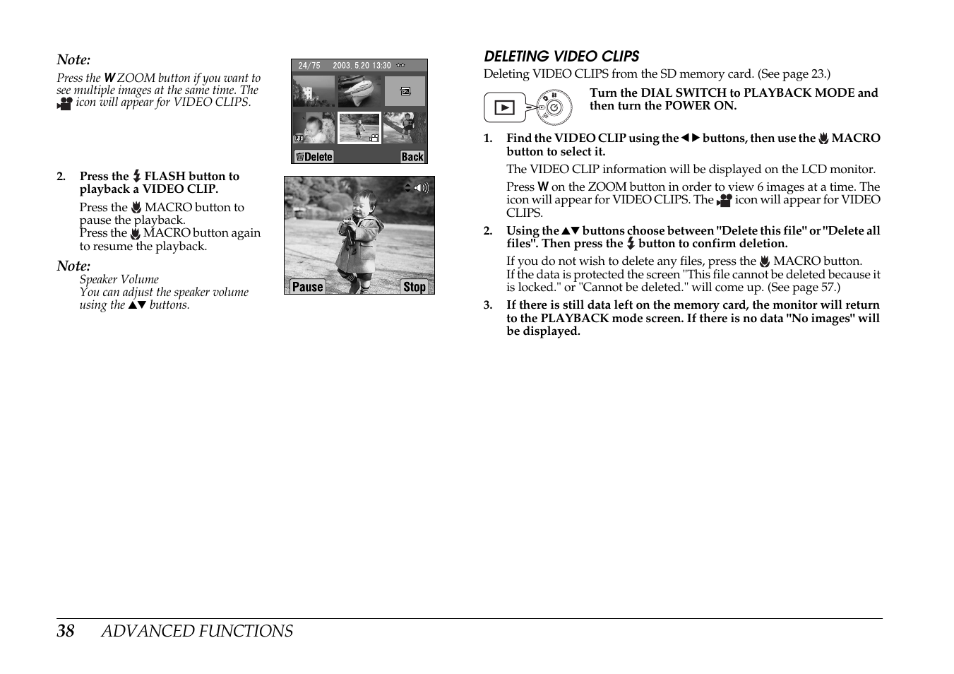 Deleting video clips | Epson PhotoPC L-400 User Manual | Page 38 / 65