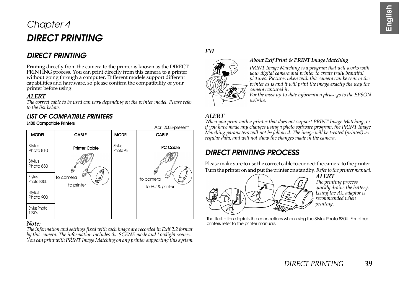 Direct printing, Chapter 4 d, List of compatible printers | Direct printing process, Chapter 4, 39 english | Epson PhotoPC L-400 User Manual | Page 39 / 65