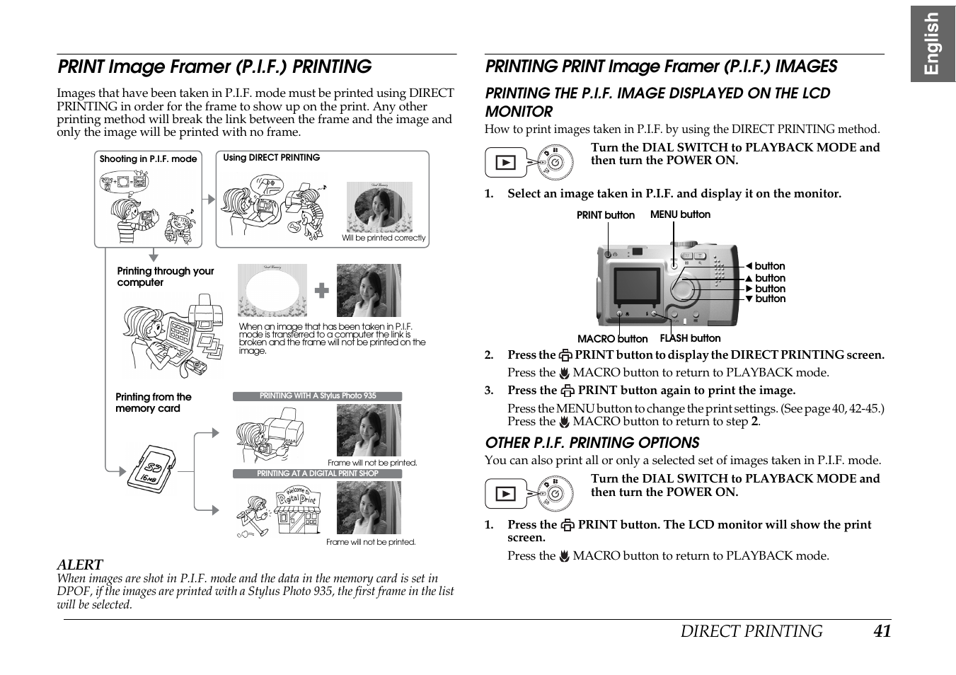 Printing the p.i.f. image displayed on the lcd, Monitor, Other p.i.f. printing options | 41 english print image framer (p.i.f.) printing, Direct printing, Printing print image framer (p.i.f.) images | Epson PhotoPC L-400 User Manual | Page 41 / 65