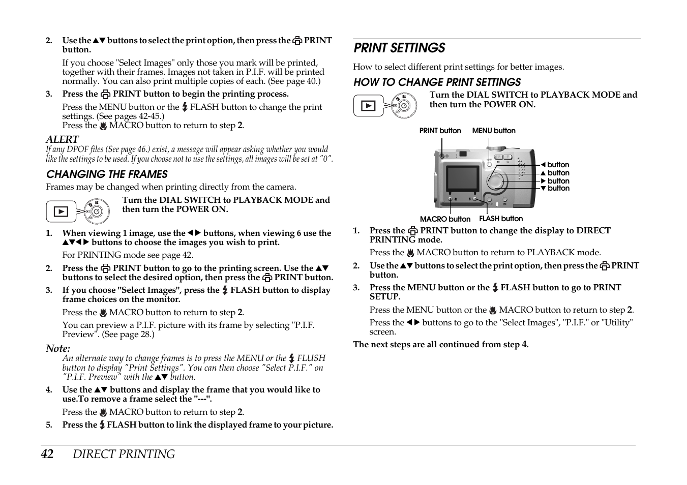 Changing the frames, Print settings, How to change print settings | Direct printing | Epson PhotoPC L-400 User Manual | Page 42 / 65