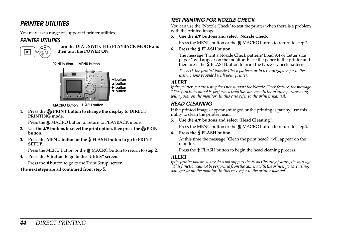 Printer utilities, Direct printing | Epson PhotoPC L-400 User Manual | Page 44 / 65