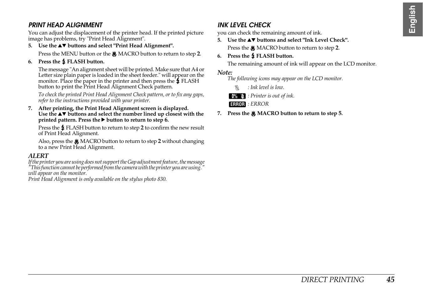 Print head alignment ink level check, 45 english | Epson PhotoPC L-400 User Manual | Page 45 / 65