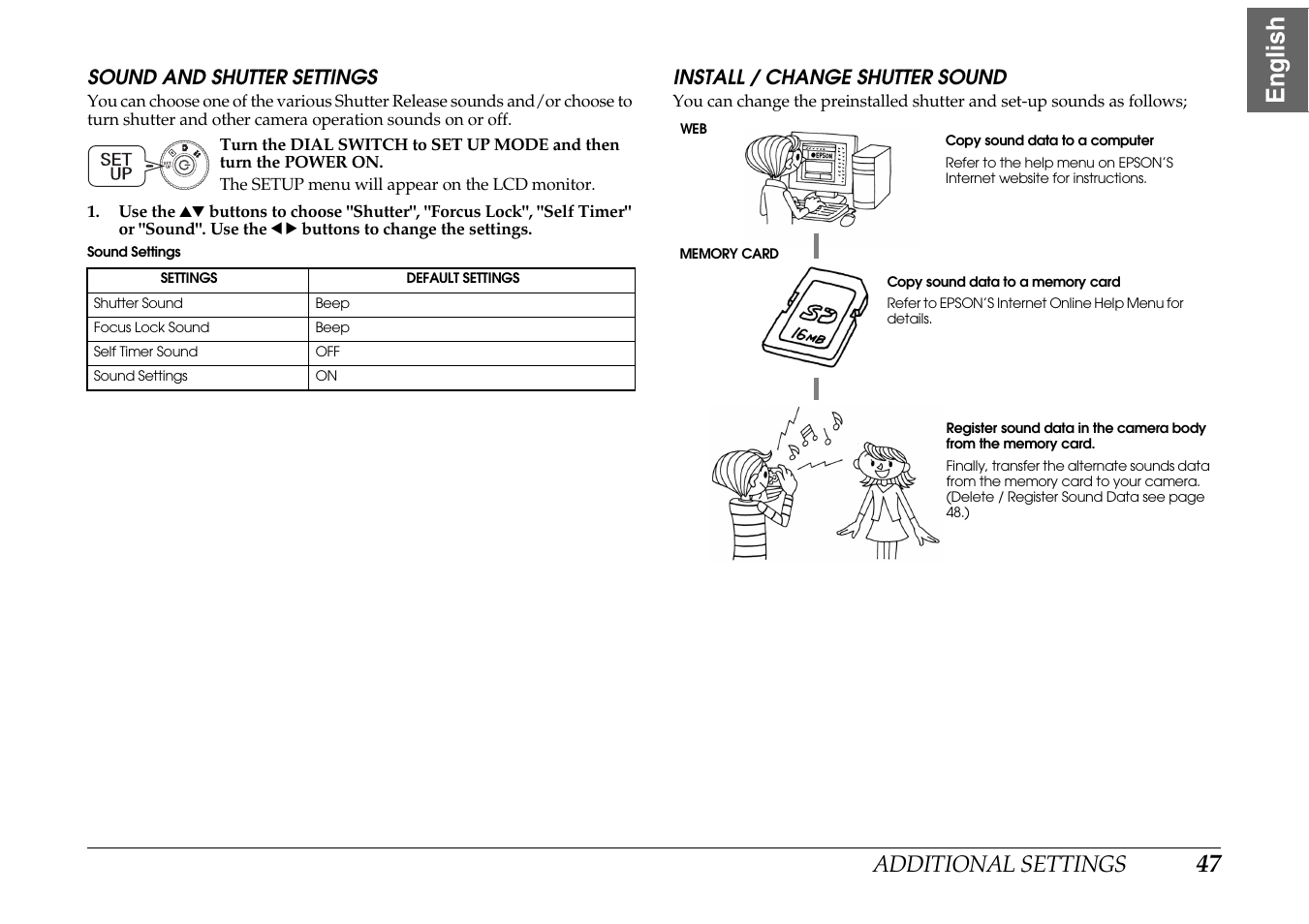 47 english, Additional settings | Epson PhotoPC L-400 User Manual | Page 47 / 65