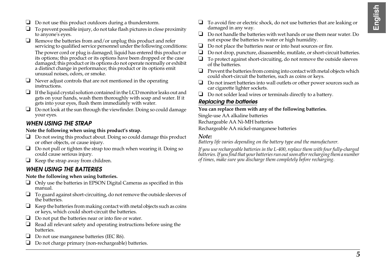 When using the strap when using the batteries, 5english | Epson PhotoPC L-400 User Manual | Page 5 / 65