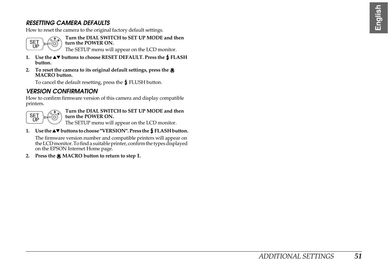 Resetting camera defaults version confirmation, 51 english | Epson PhotoPC L-400 User Manual | Page 51 / 65