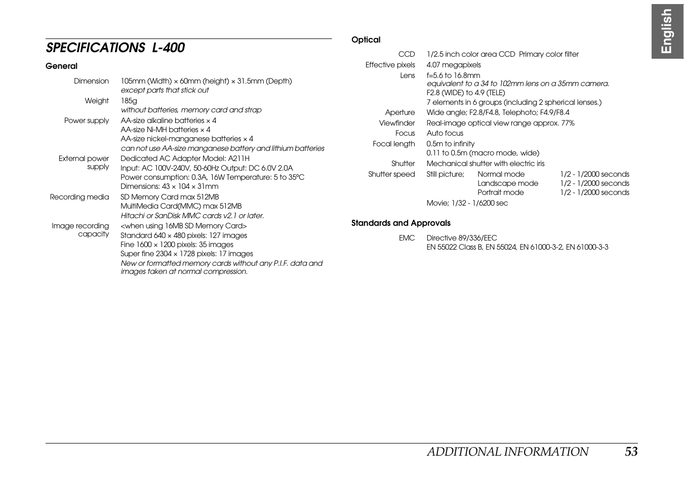 Specifications l-400, Additional information | Epson PhotoPC L-400 User Manual | Page 53 / 65