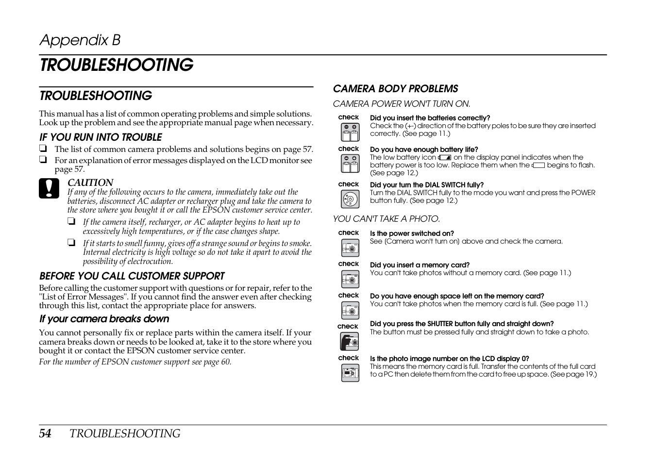 Troubleshooting, Appendix b | Epson PhotoPC L-400 User Manual | Page 54 / 65