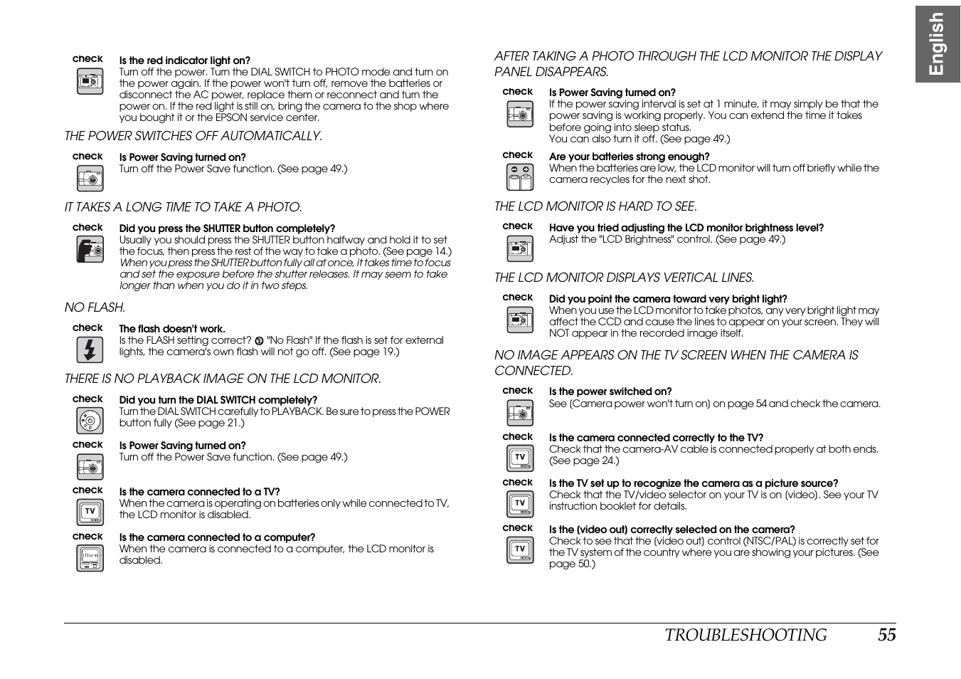55 english, Troubleshooting | Epson PhotoPC L-400 User Manual | Page 55 / 65