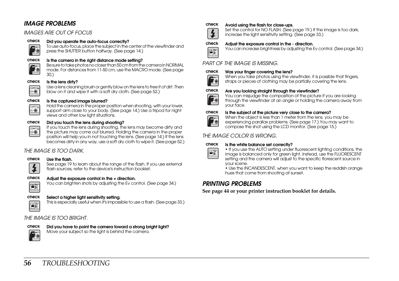 Image problems printing problems, Troubleshooting | Epson PhotoPC L-400 User Manual | Page 56 / 65