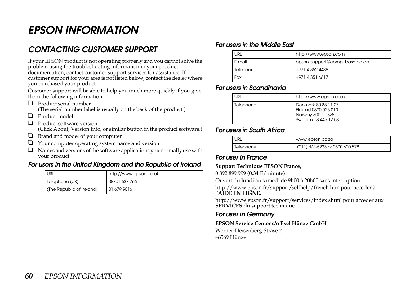 Epson information, Contacting customer support | Epson PhotoPC L-400 User Manual | Page 60 / 65