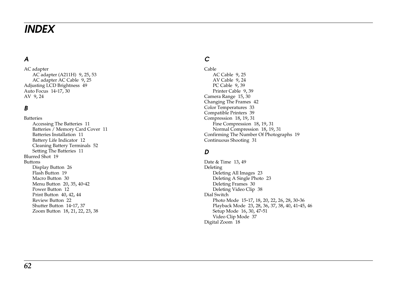 Index | Epson PhotoPC L-400 User Manual | Page 62 / 65