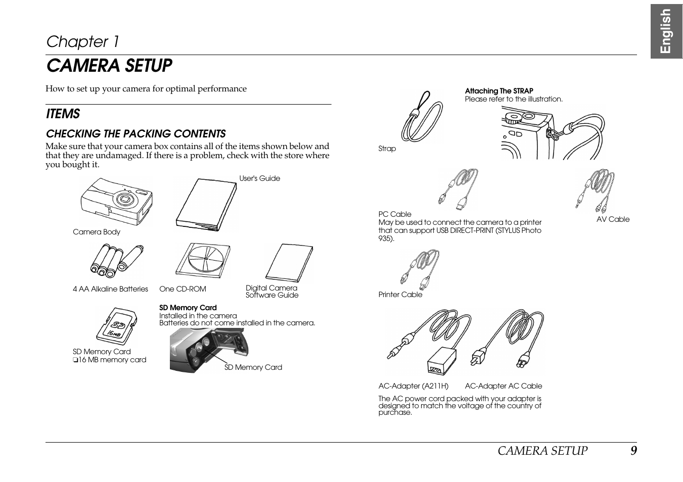 Camera setup, Chapter 1, Items | Checking the packing contents, 9english | Epson PhotoPC L-400 User Manual | Page 9 / 65