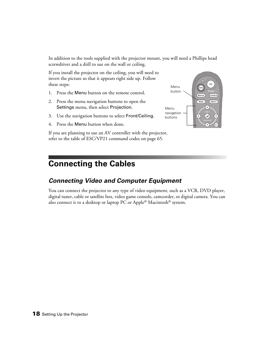 Connecting the cables, Connecting video and computer equipment | Epson 1080 User Manual | Page 18 / 76