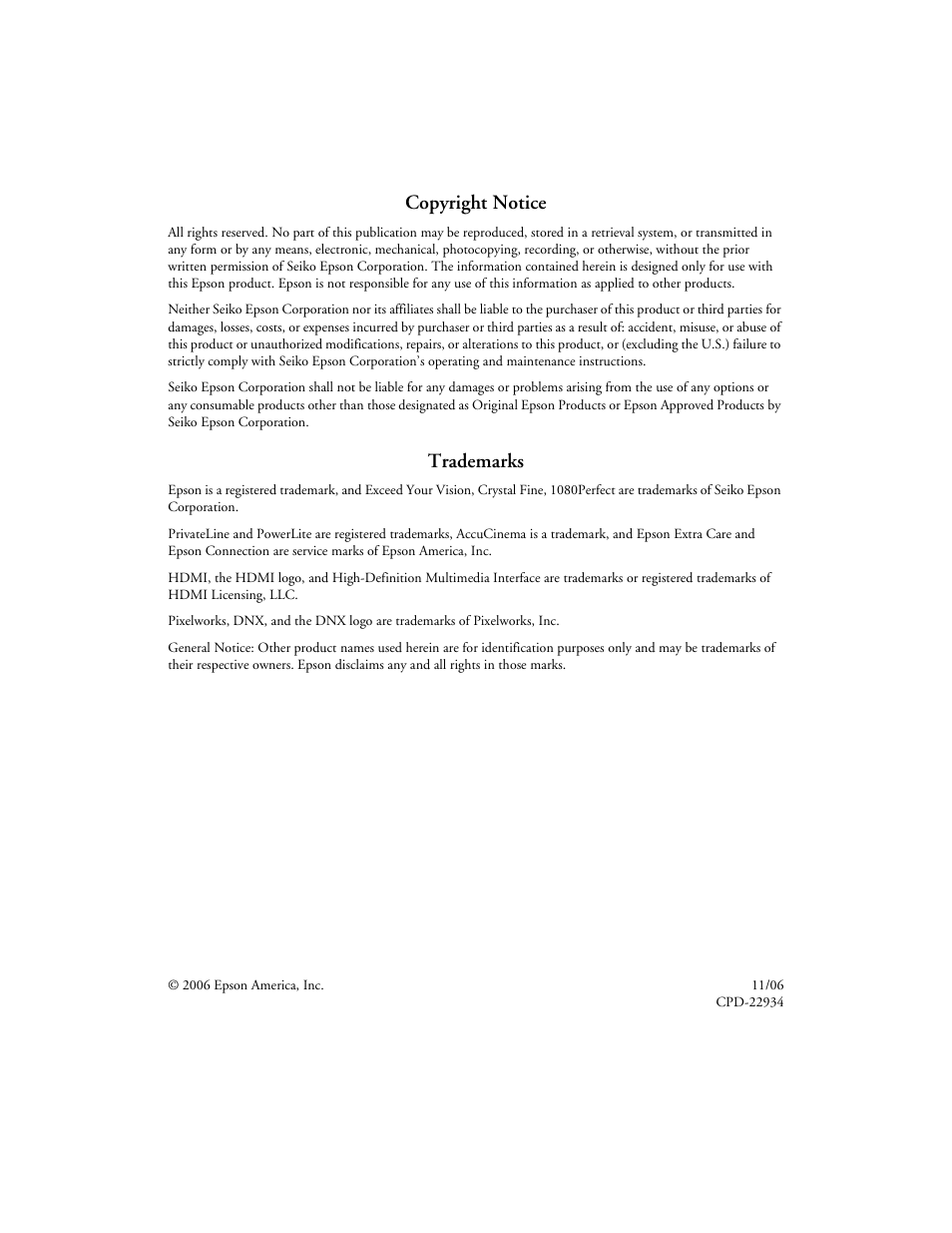 Copyright notice, Trademarks, 2copyright notice | Epson 1080 User Manual | Page 2 / 76