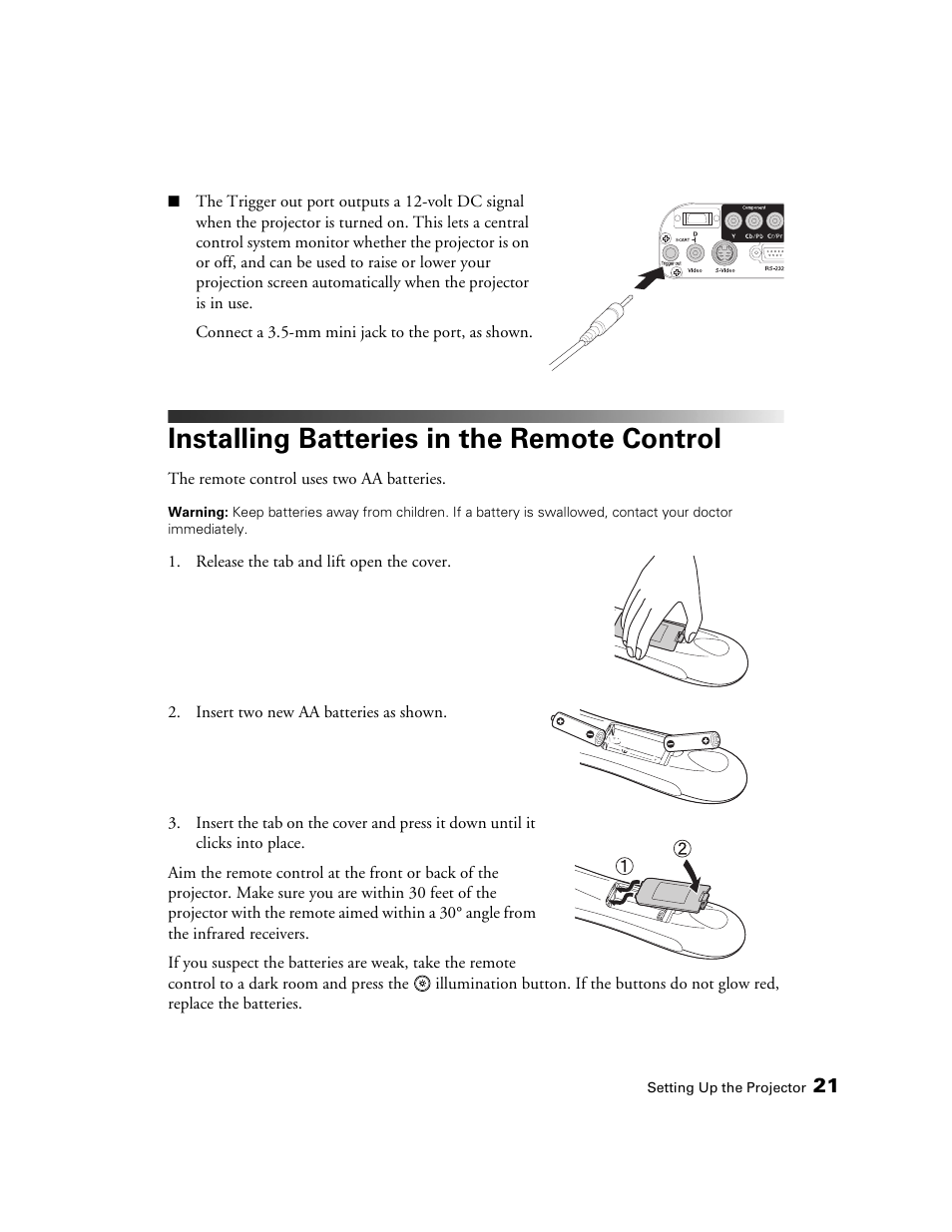 Installing batteries in the remote control | Epson 1080 User Manual | Page 21 / 76