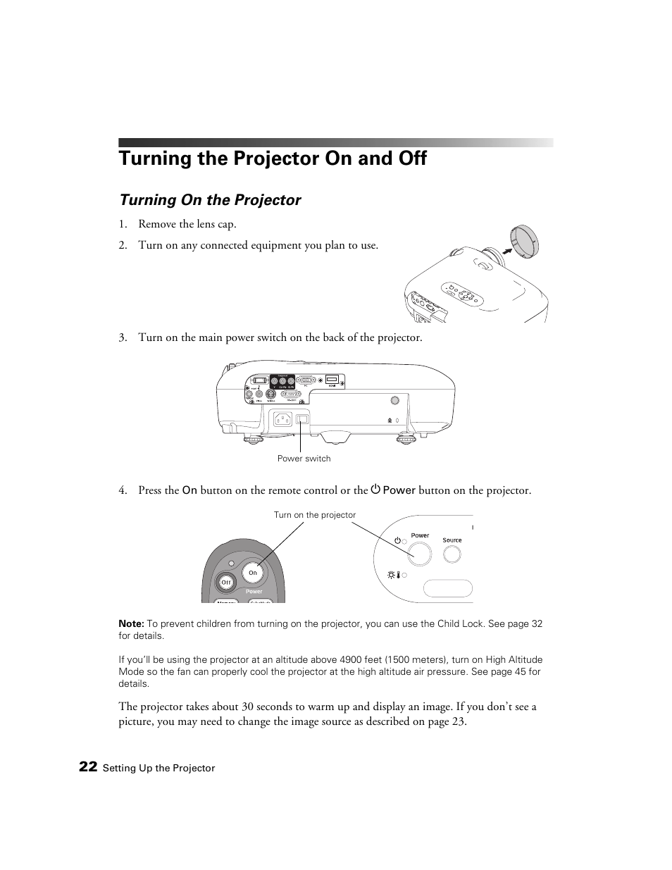 Turning the projector on and off, Turning on the projector | Epson 1080 User Manual | Page 22 / 76