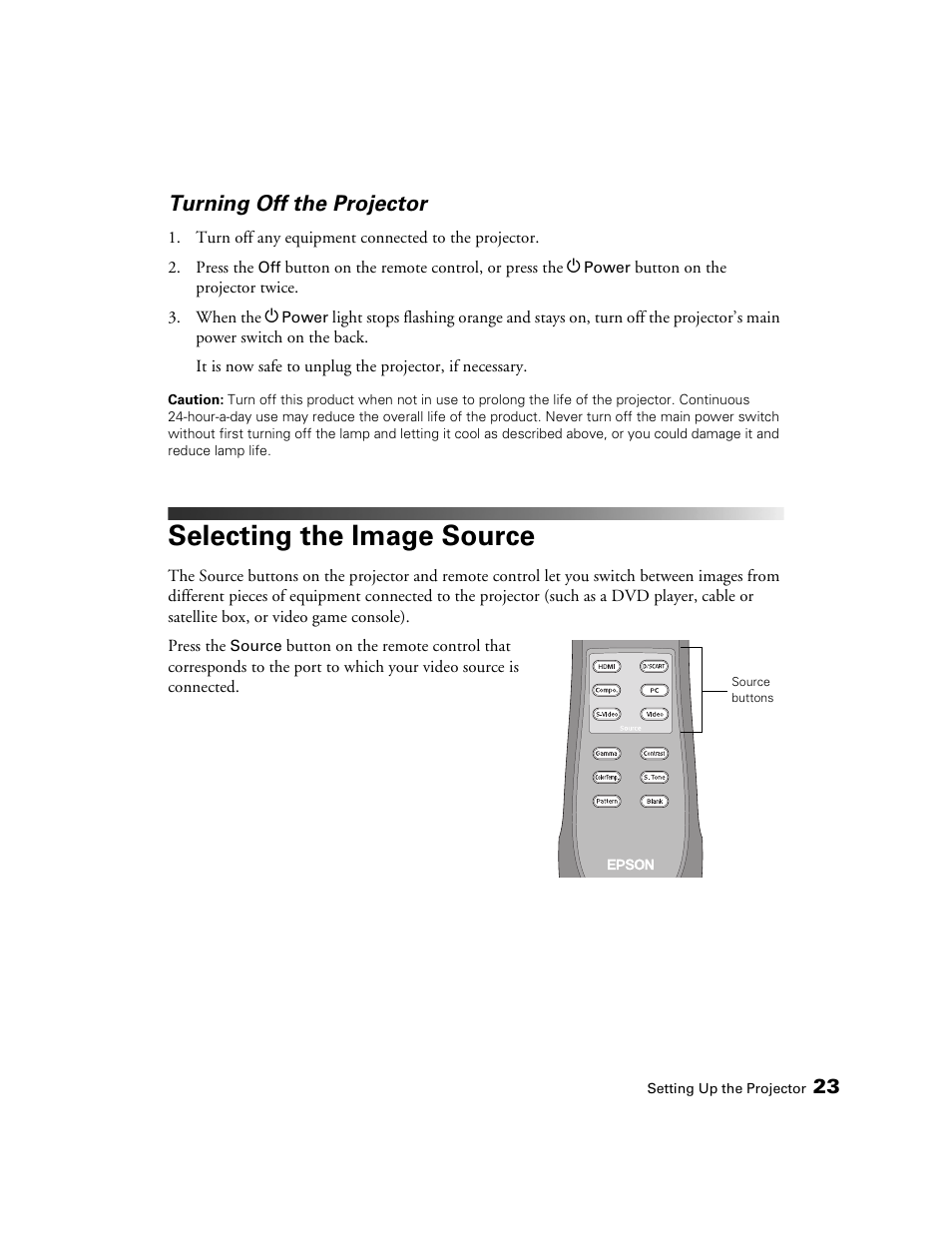 Selecting the image source, Turning off the projector | Epson 1080 User Manual | Page 23 / 76