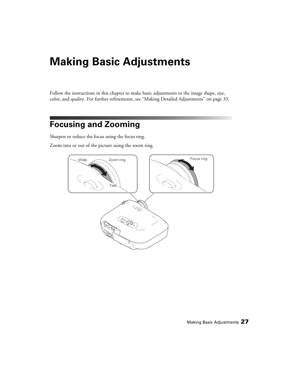 Making basic adjustments, Focusing and zooming | Epson 1080 User Manual | Page 27 / 76