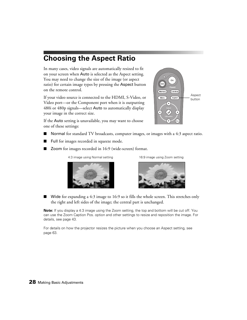 Choosing the aspect ratio | Epson 1080 User Manual | Page 28 / 76