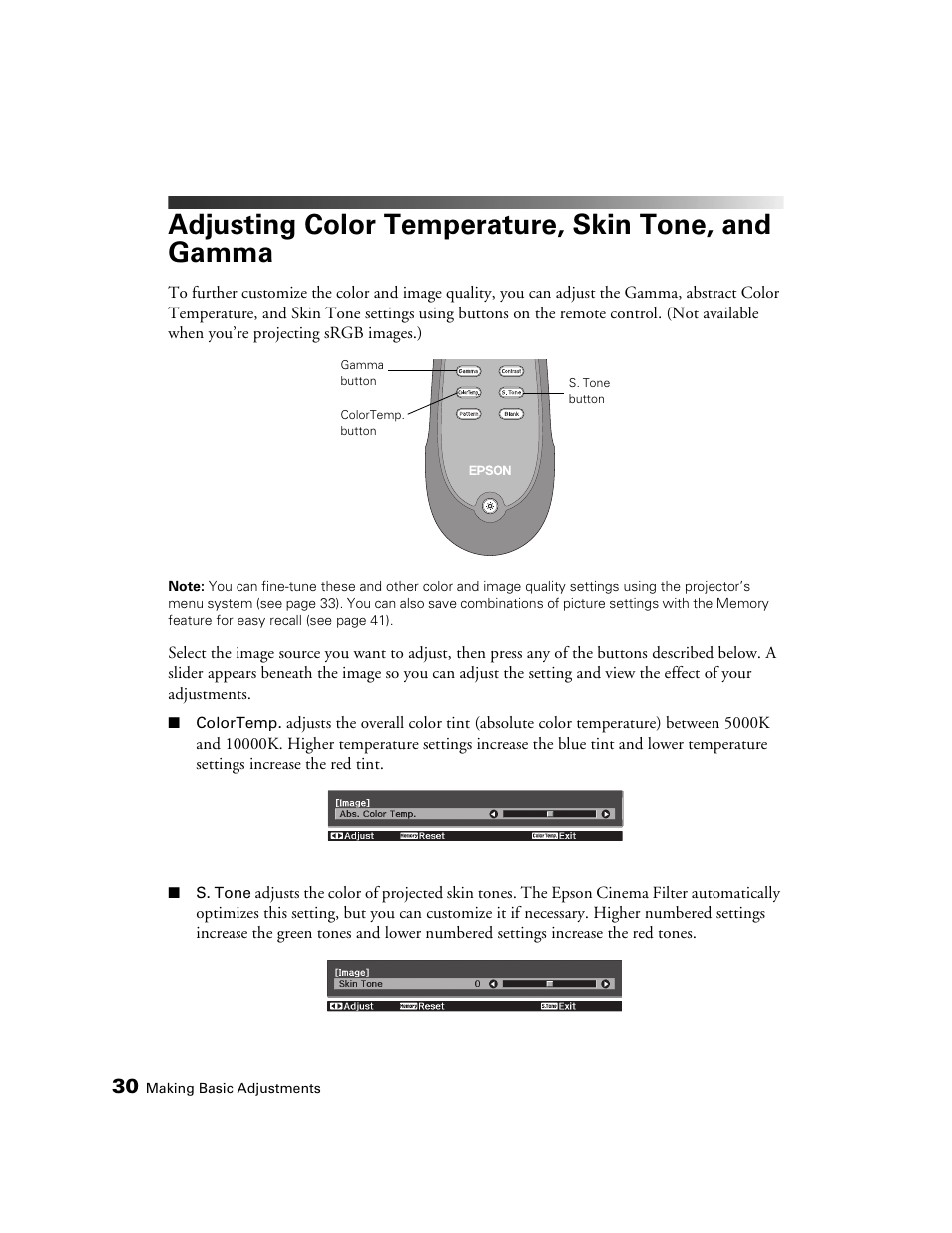 Adjusting color temperature, skin tone, and gamma | Epson 1080 User Manual | Page 30 / 76