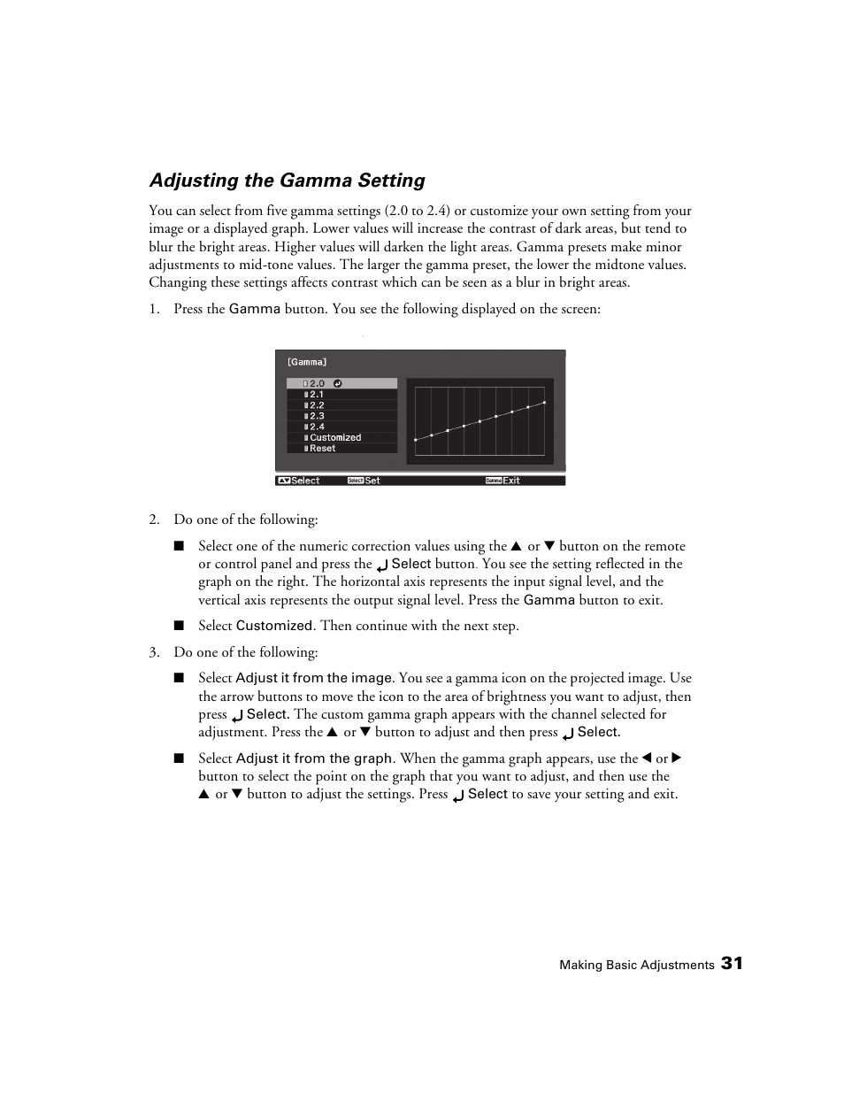 Adjusting the gamma setting | Epson 1080 User Manual | Page 31 / 76