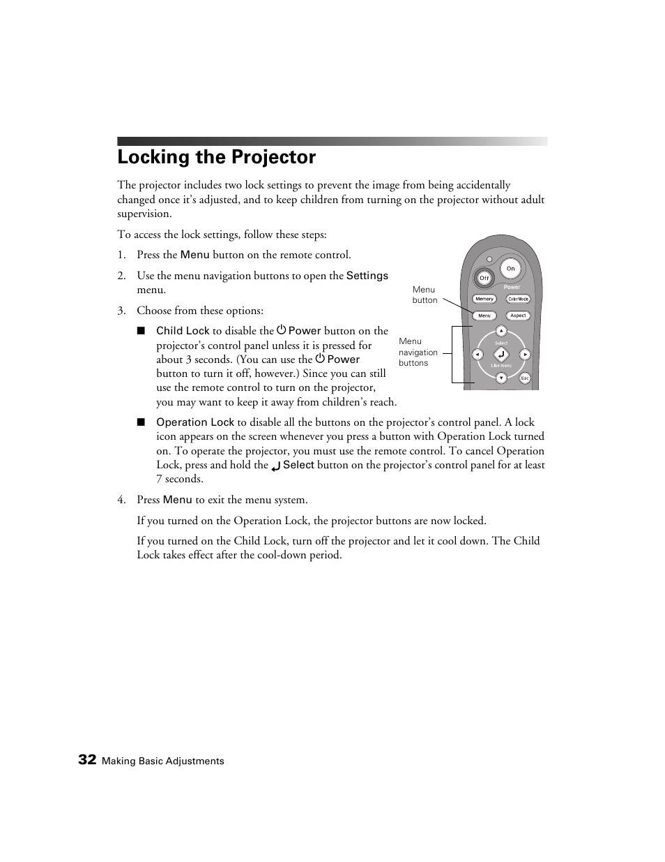 Locking the projector | Epson 1080 User Manual | Page 32 / 76