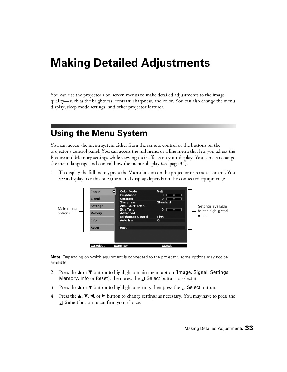 Making detailed adjustments, Using the menu system | Epson 1080 User Manual | Page 33 / 76