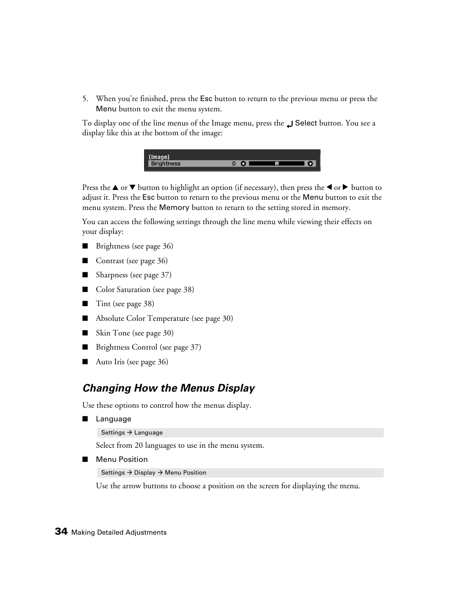 Changing how the menus display | Epson 1080 User Manual | Page 34 / 76