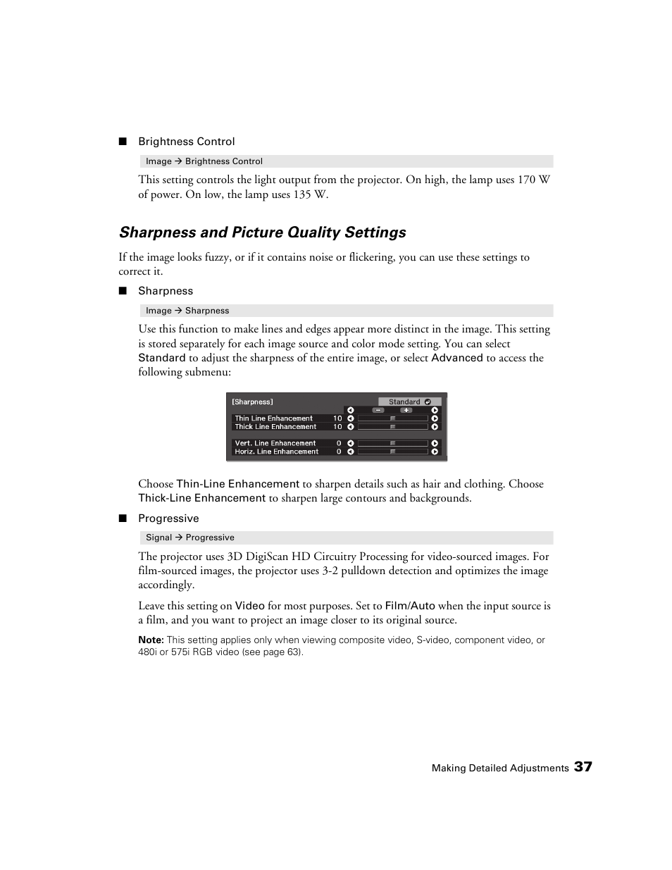 Sharpness and picture quality settings | Epson 1080 User Manual | Page 37 / 76