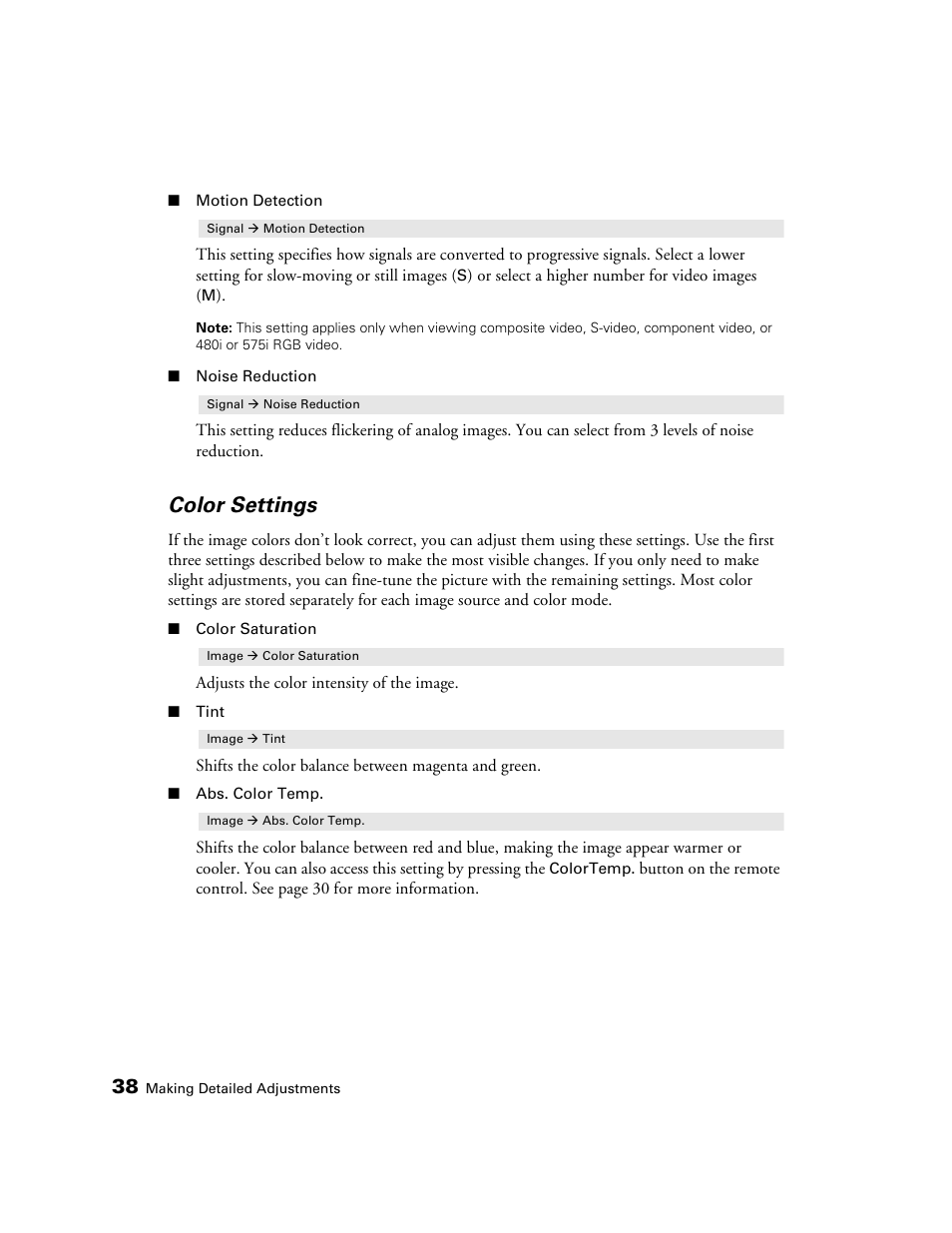 Color settings | Epson 1080 User Manual | Page 38 / 76