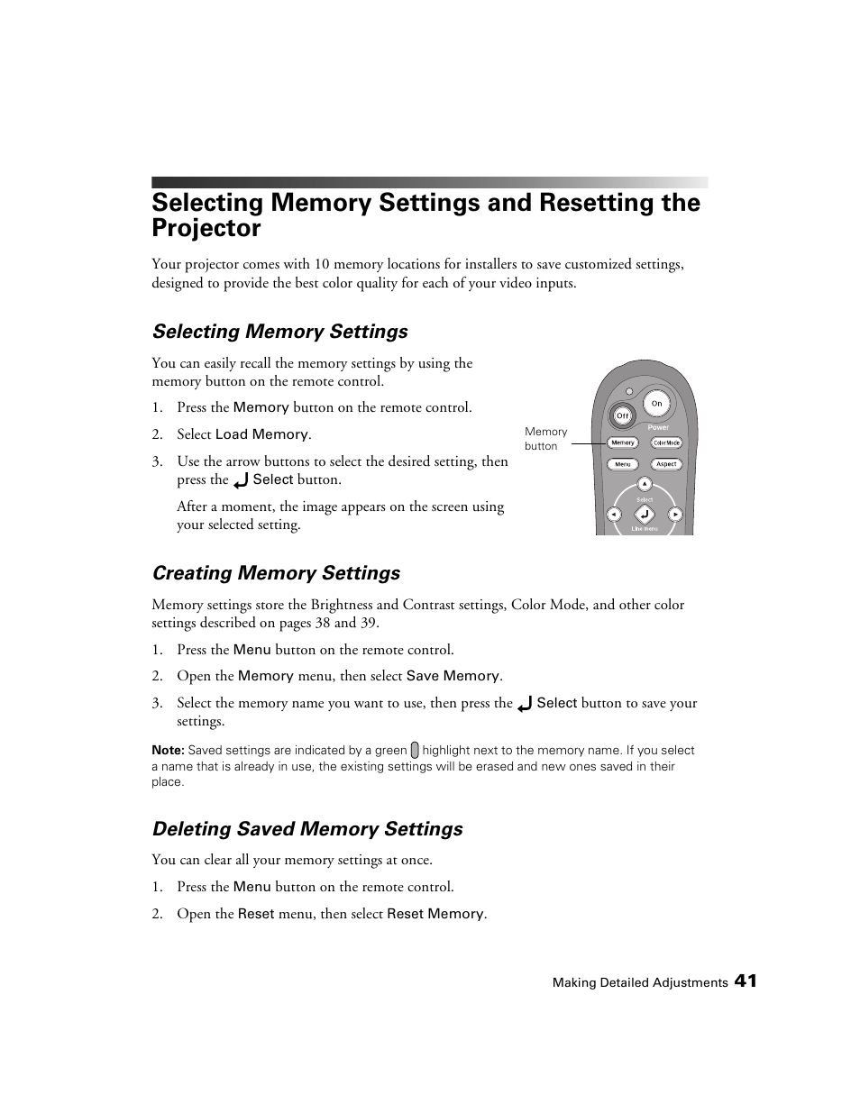 Selecting memory settings, Creating memory settings, Deleting saved memory settings | Epson 1080 User Manual | Page 41 / 76