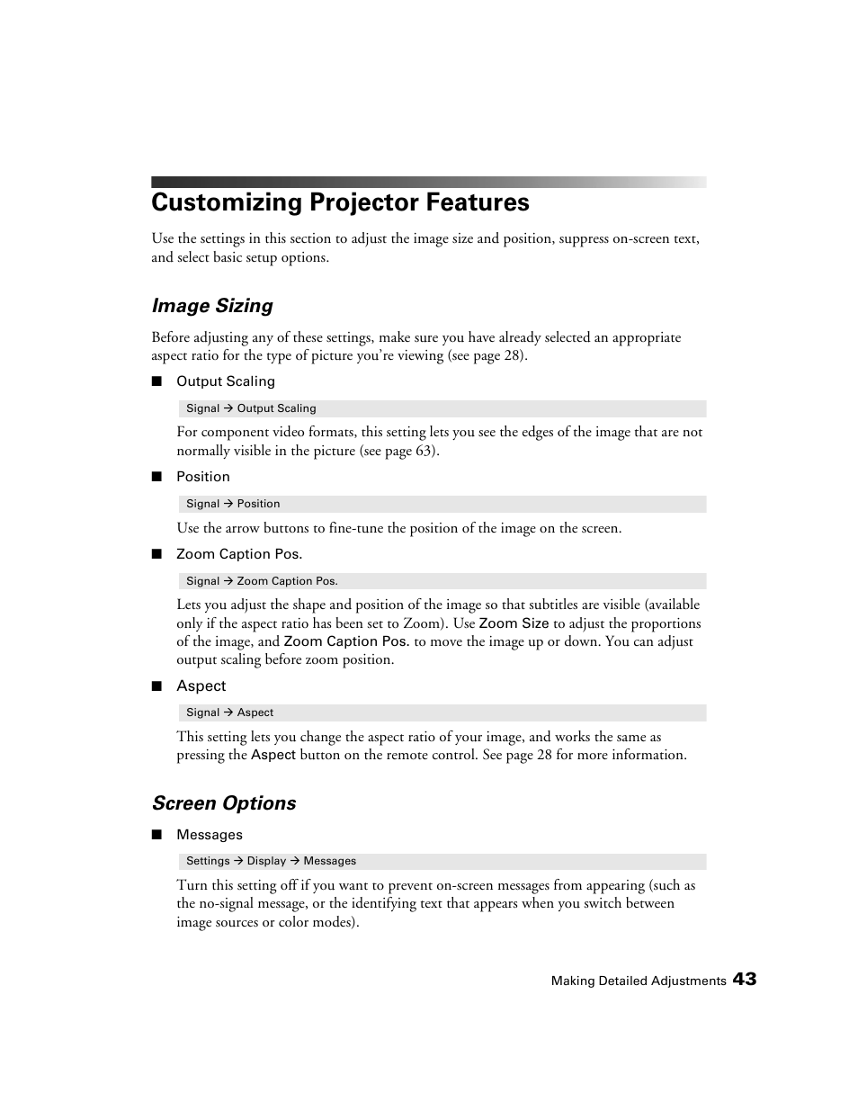 Customizing projector features, Image sizing, Screen options | Epson 1080 User Manual | Page 43 / 76