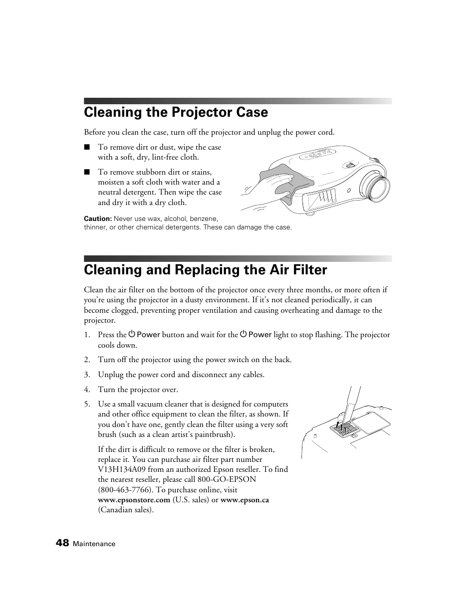 Cleaning the projector case, Cleaning and replacing the air filter | Epson 1080 User Manual | Page 48 / 76