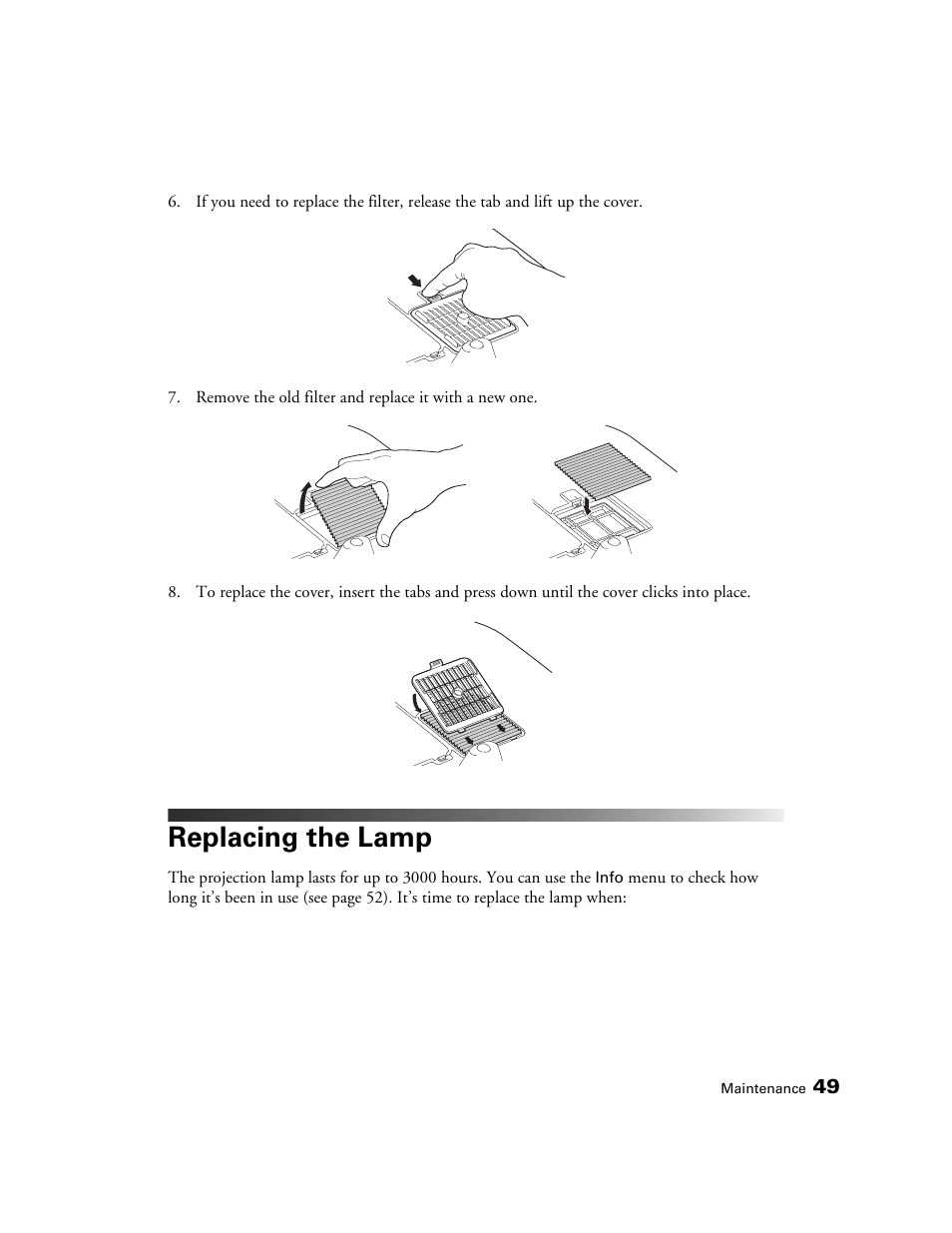 Replacing the lamp | Epson 1080 User Manual | Page 49 / 76