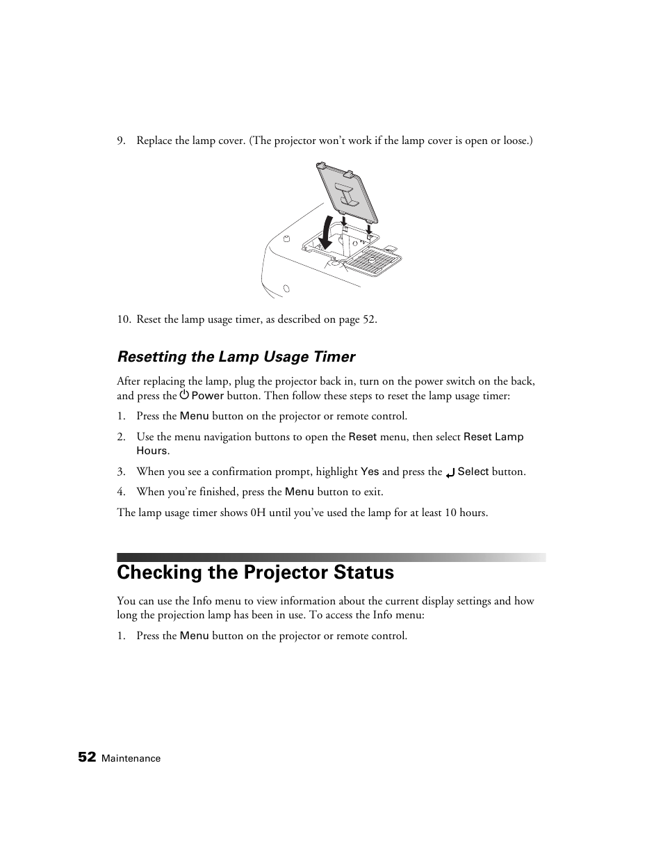 Resetting the lamp usage timer, Checking the projector status | Epson 1080 User Manual | Page 52 / 76
