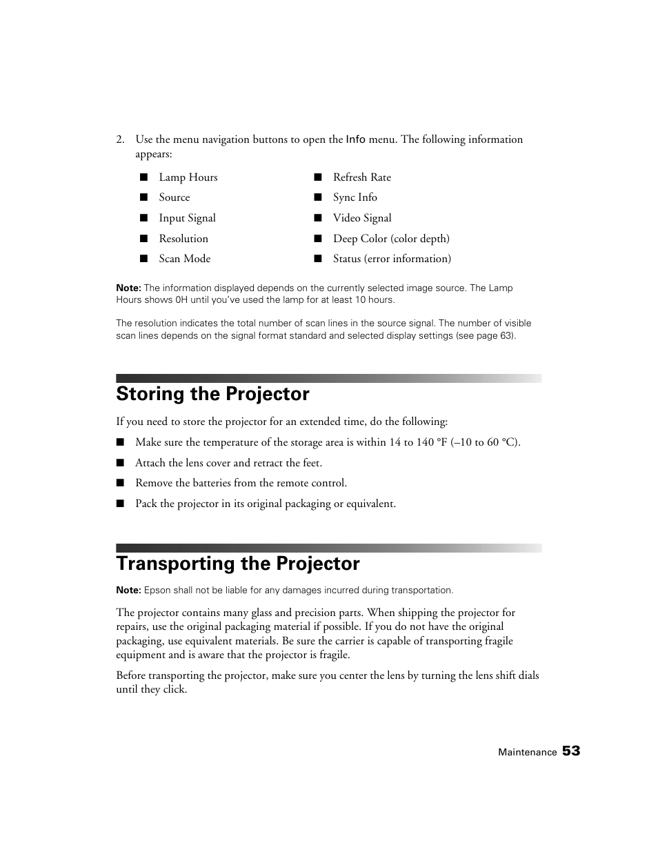 Storing the projector, Transporting the projector | Epson 1080 User Manual | Page 53 / 76