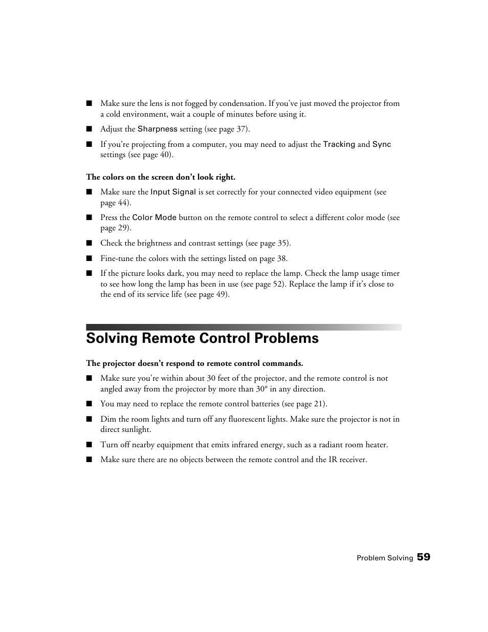 Solving remote control problems | Epson 1080 User Manual | Page 59 / 76