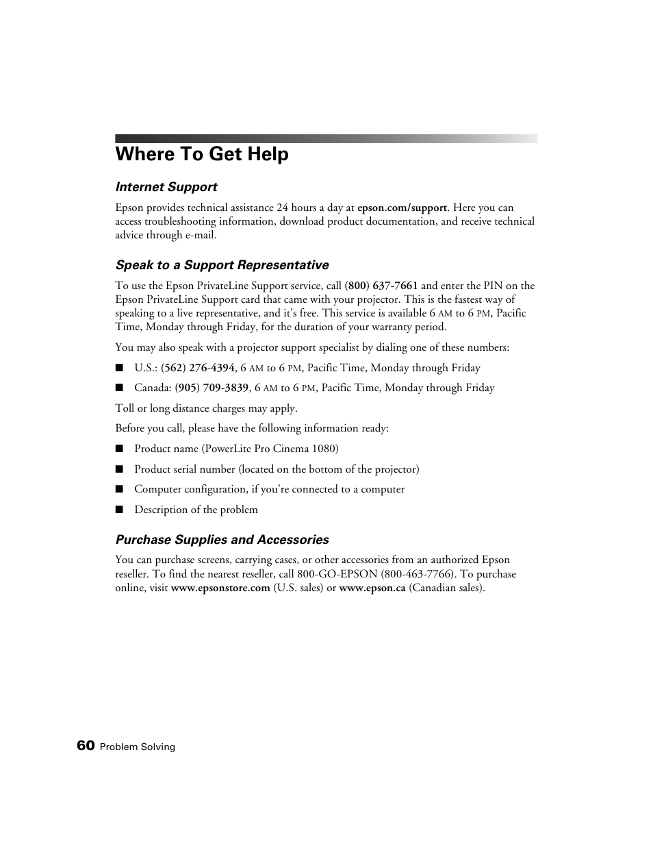 Where to get help | Epson 1080 User Manual | Page 60 / 76